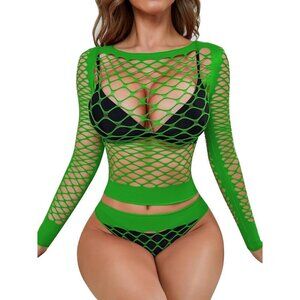 🆕 Women Green Sexy Mesh Lingerie Fishnet Babydoll Long Sleeve Bodysuit Shirts